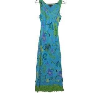 Karen Kane Silk Maxi Dress Womens M Blue Floral Tropical Y2K Good Lace Trim Hem